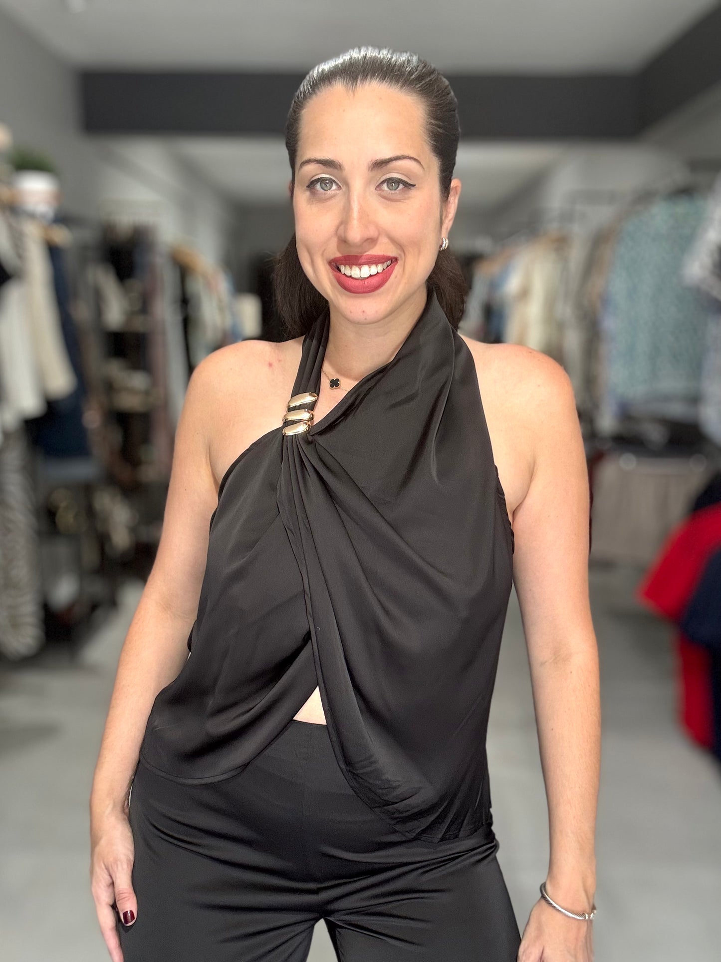 Aura Satin Halter Drape Blouse