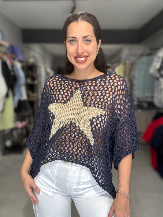 Star Crochet Tunic Blouse | NAVY