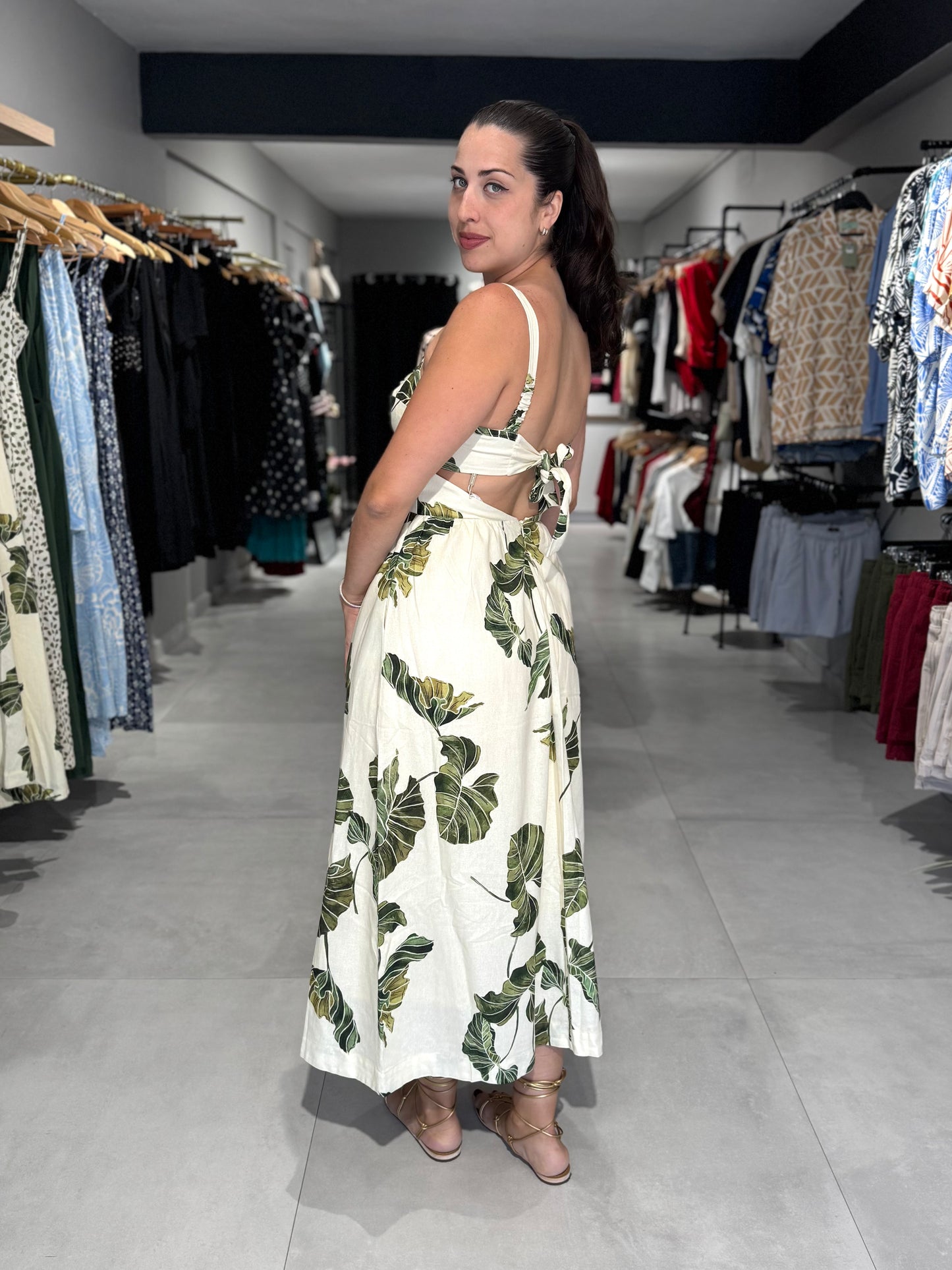 Tropical Leaf Linen Midi Dress | Dress To