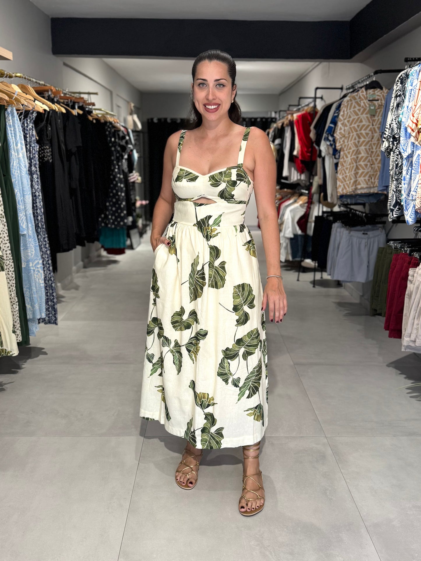 Tropical Leaf Linen Midi Dress | Dress To