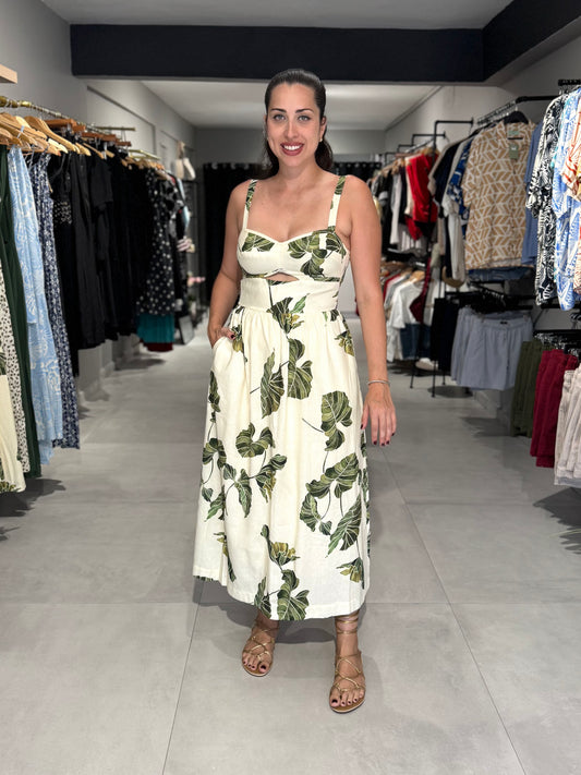 Tropical Leaf Linen Midi Dress | Dress To