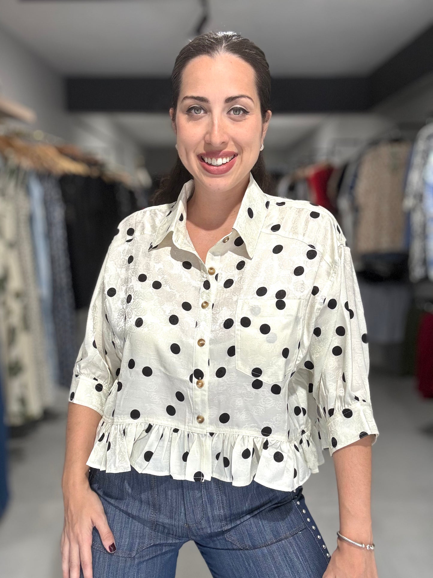 Polka Dot Button Down Blouse | CREAM