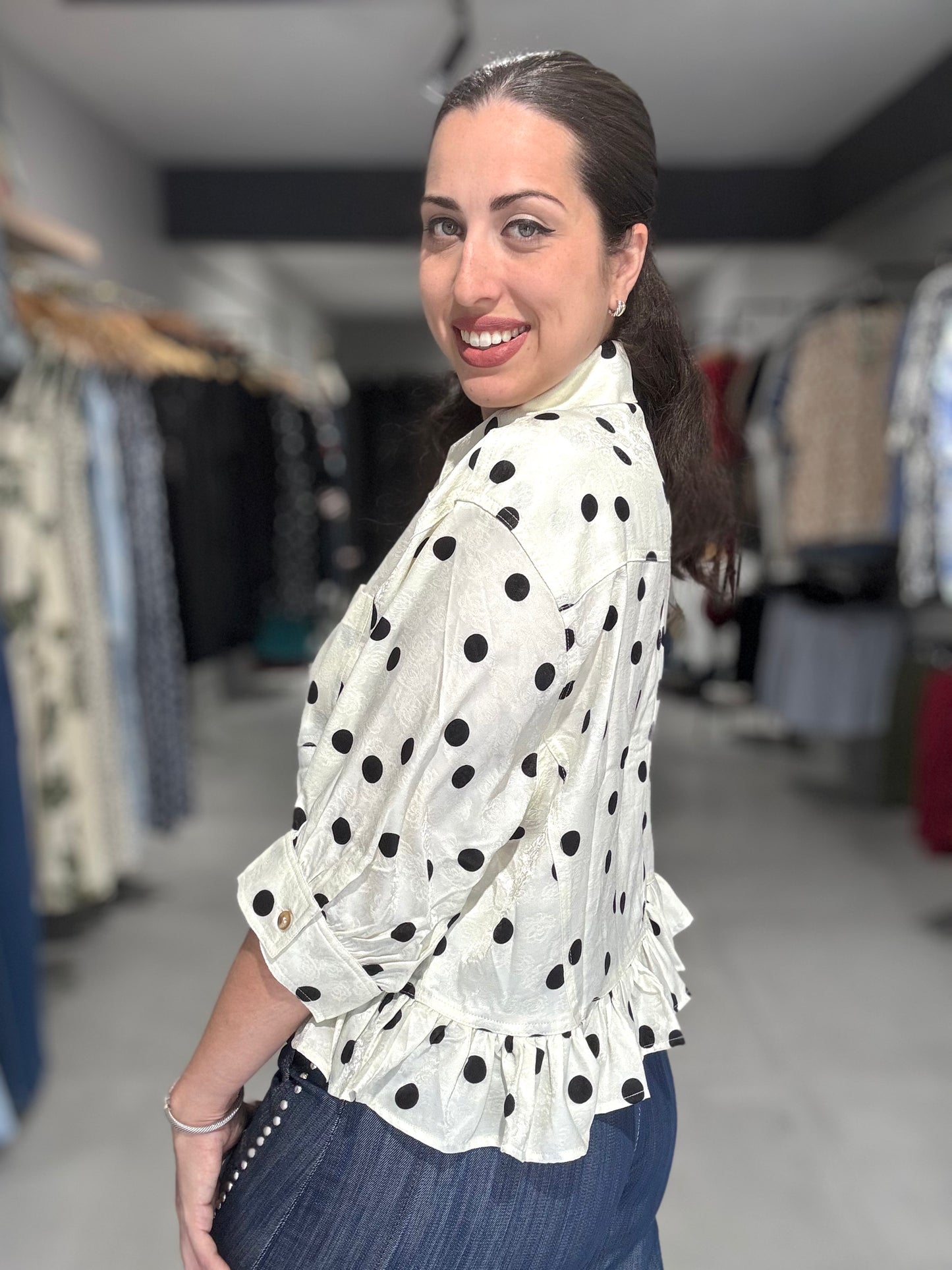 Polka Dot Button Down Blouse | CREAM