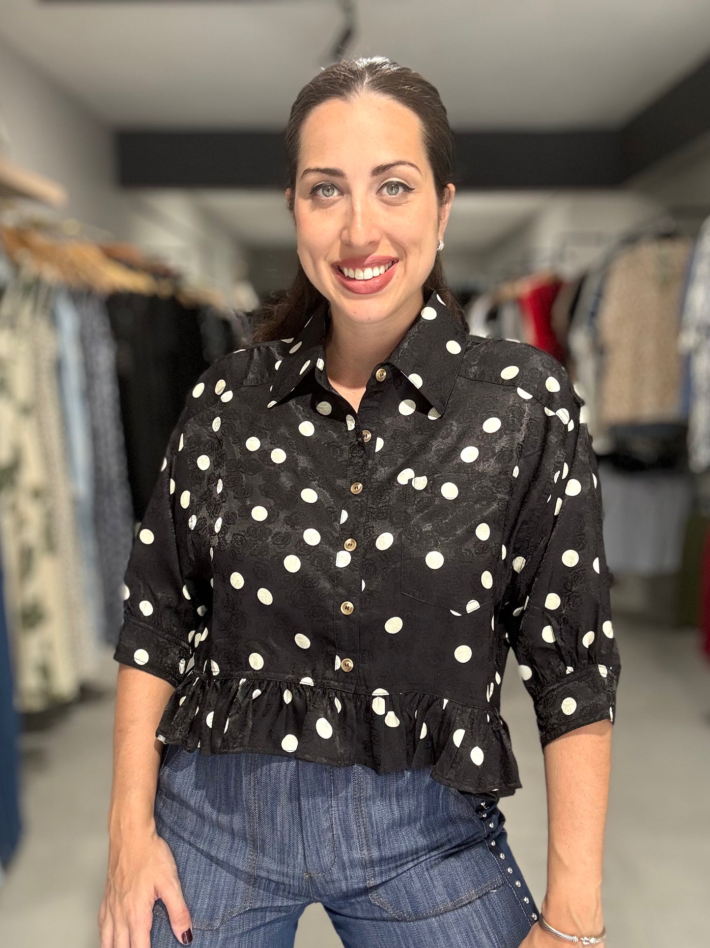 Polka Dot Button Down Blouse | BLACK