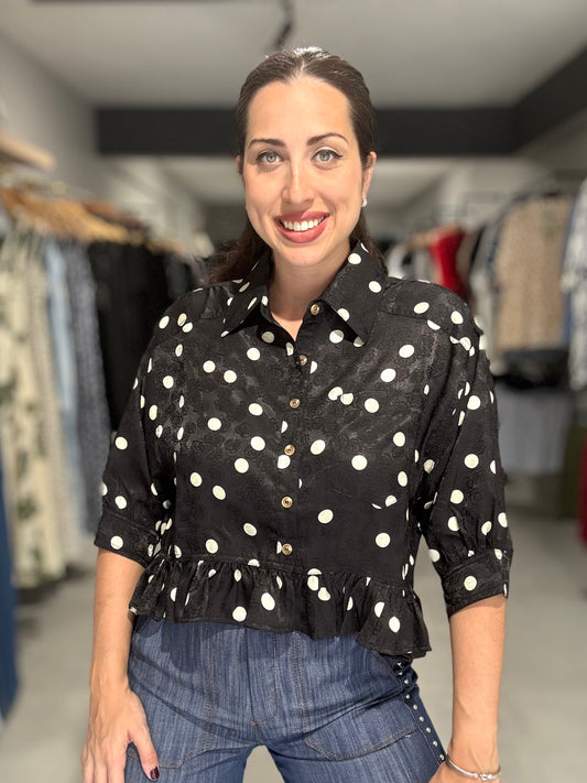 Polka Dot Button Down Blouse | BLACK