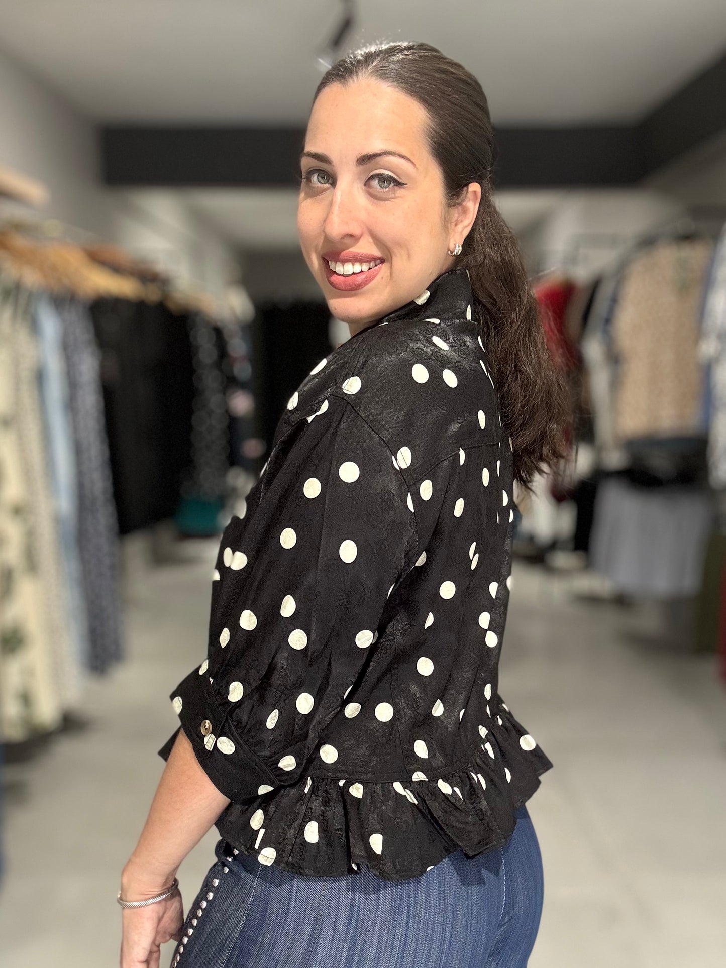 Polka Dot Button Down Blouse | BLACK