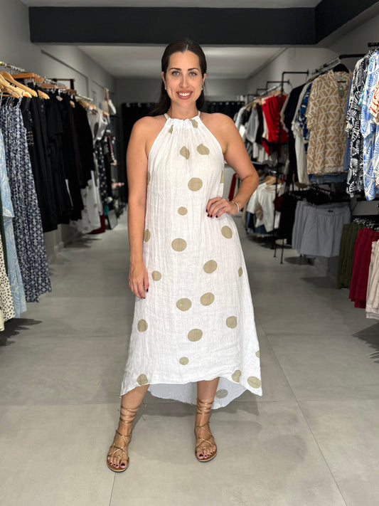 Polka Dot Halter Midi Dress | WHITE