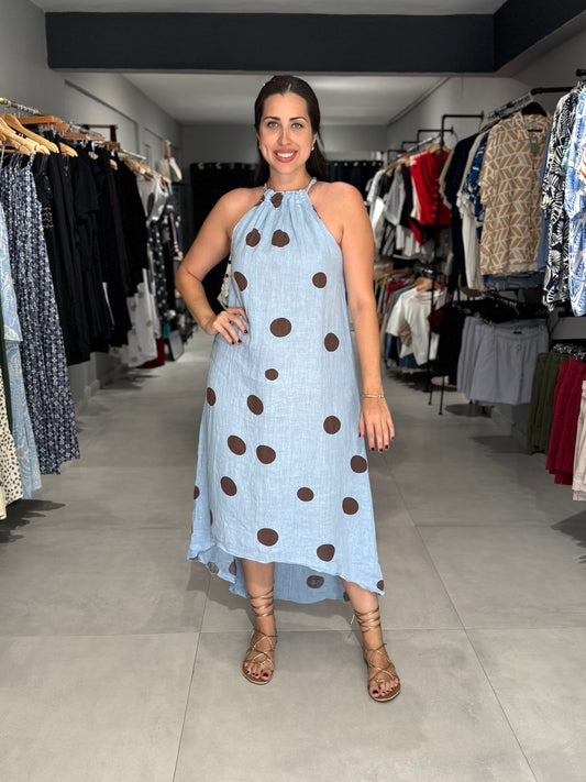 Polka Dot Halter Midi Dress | BLUE