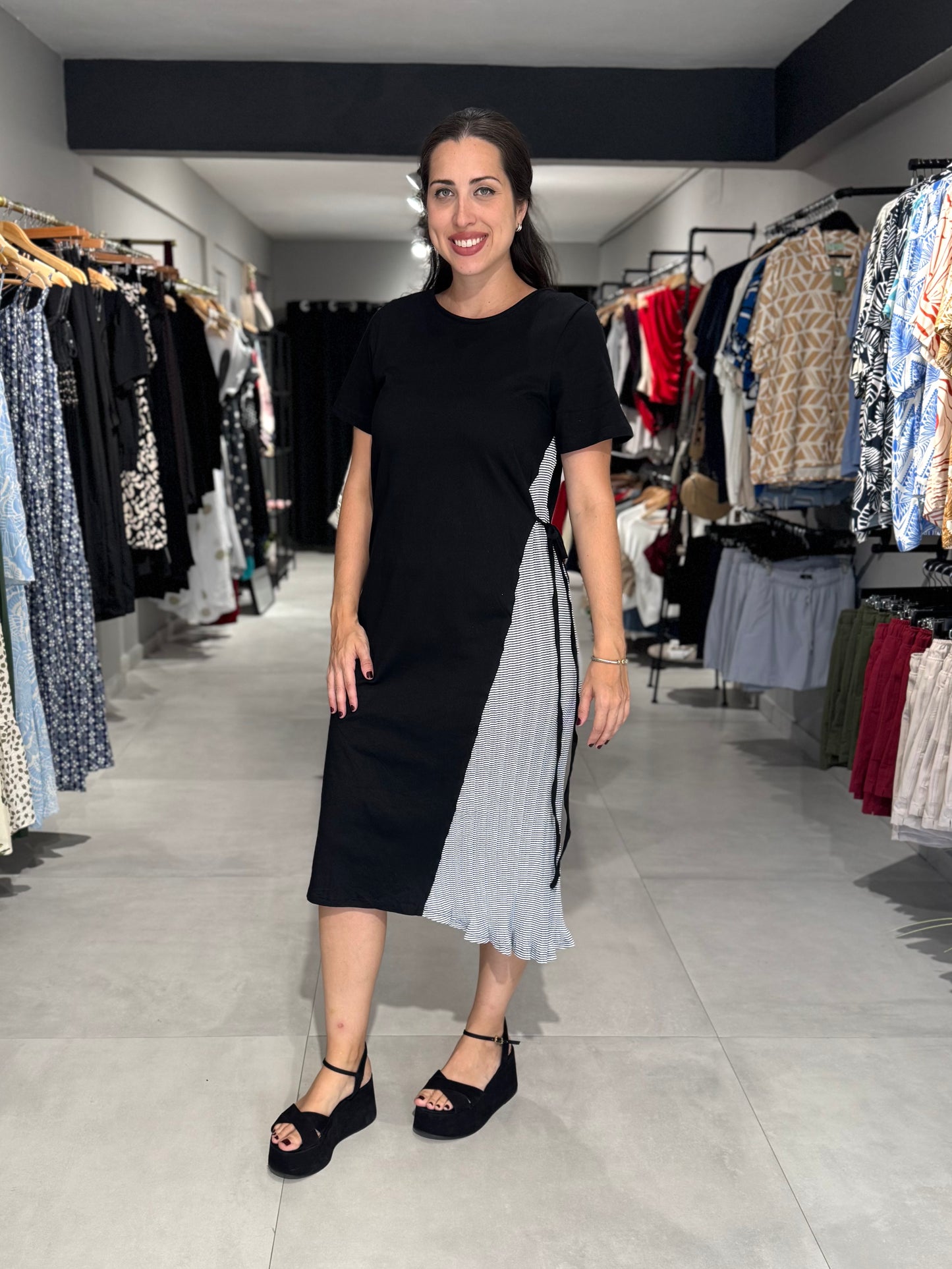 Stripes Accent Midi Dress | BLACK
