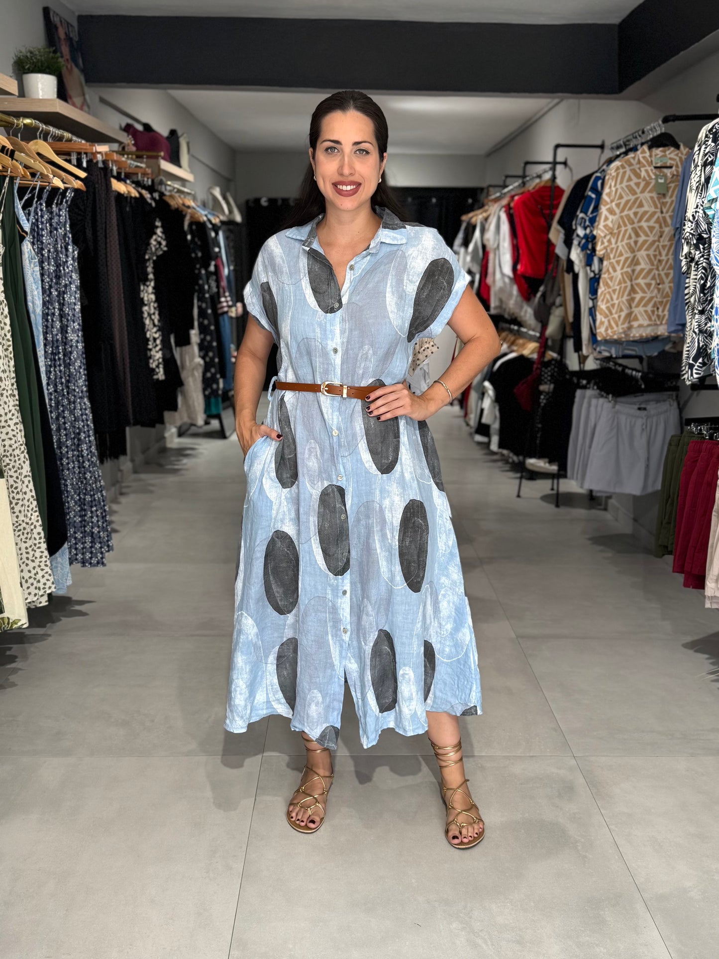 Dots Linen Midi Dress | BLUE