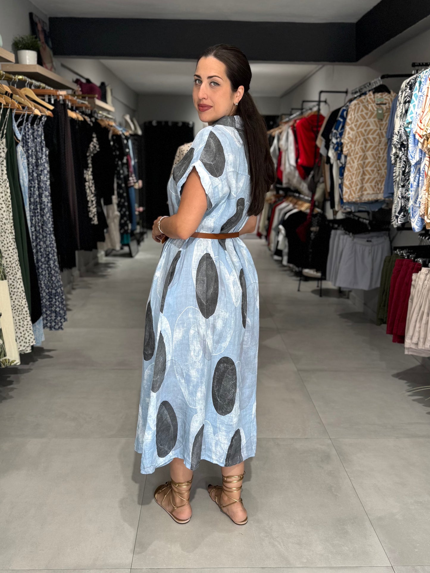 Dots Linen Midi Dress | BLUE
