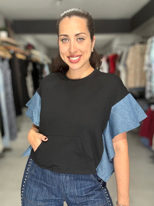 Denim Ruffle Accent Tee | BLACK