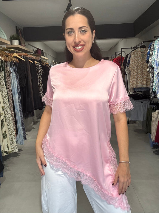 Satin Lace Trim Blouse | PINK