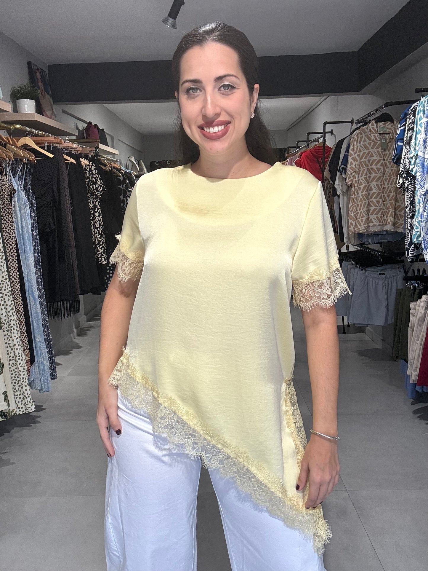 Satin Lace Trim Blouse | YELLOW