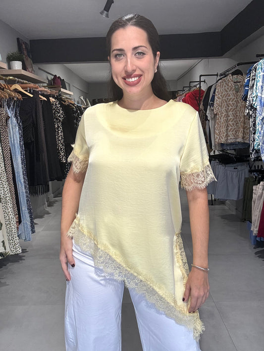 Satin Lace Trim Blouse | YELLOW