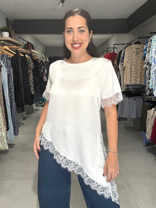 Satin Lace Trim Blouse | WHITE