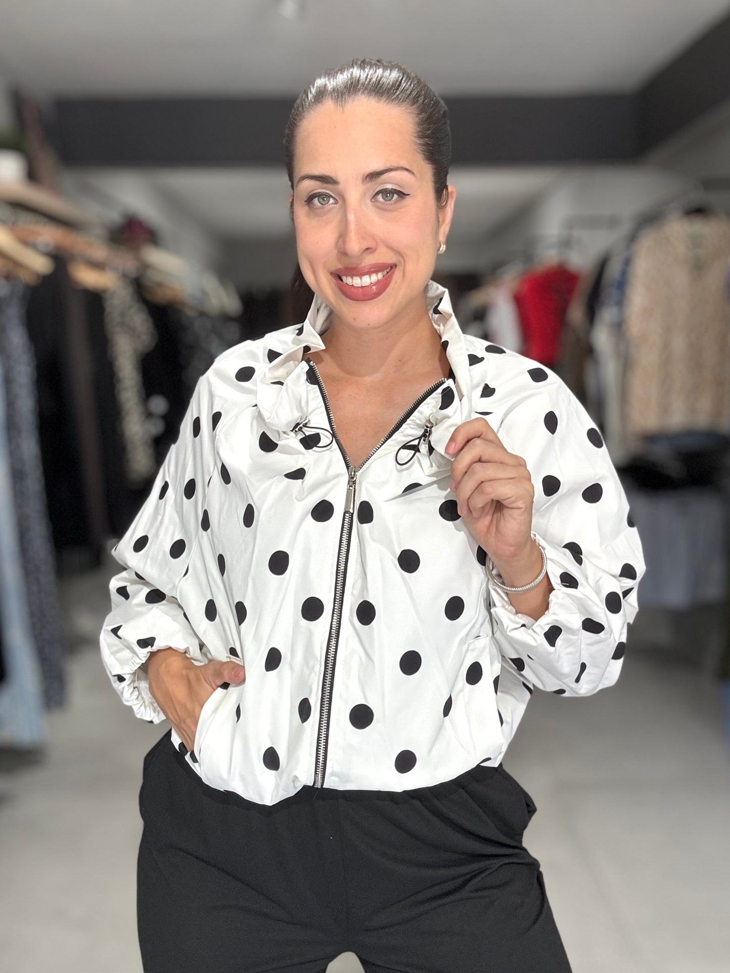 Polka Dot Bomber Jacket | WHITE