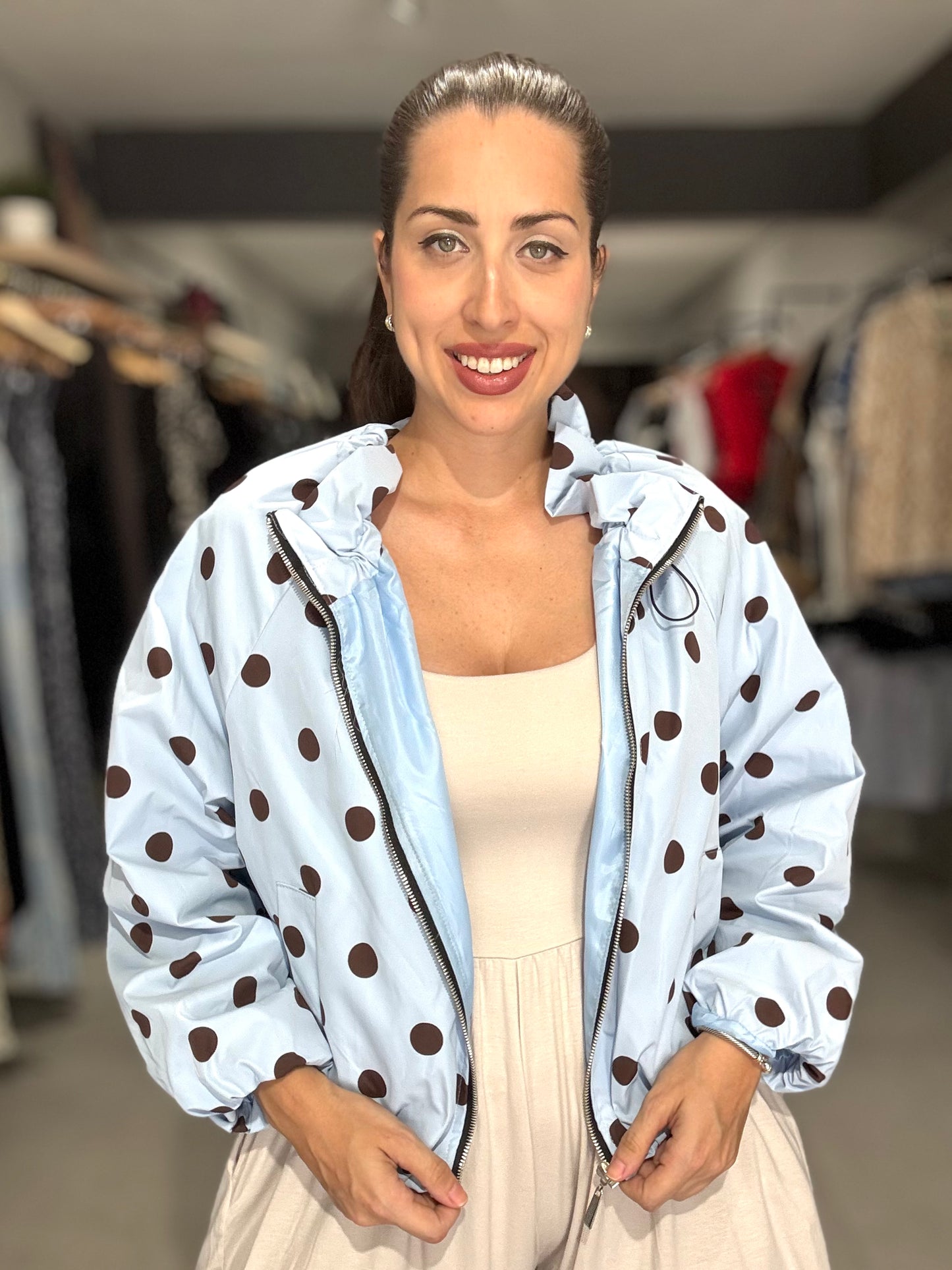Polka Dot Bomber Jacket | SKY BLUE