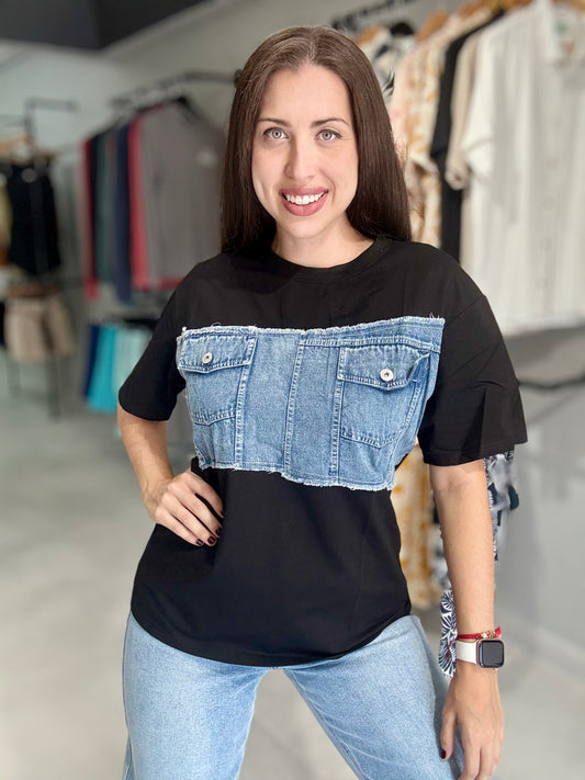 Denim Detail Tee | BLACK