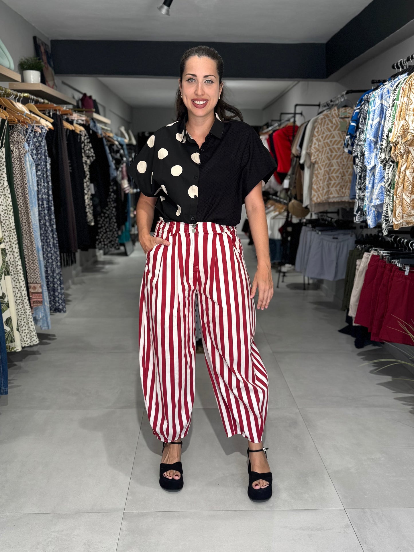 Colorful Stripes Barrel Pant | RED