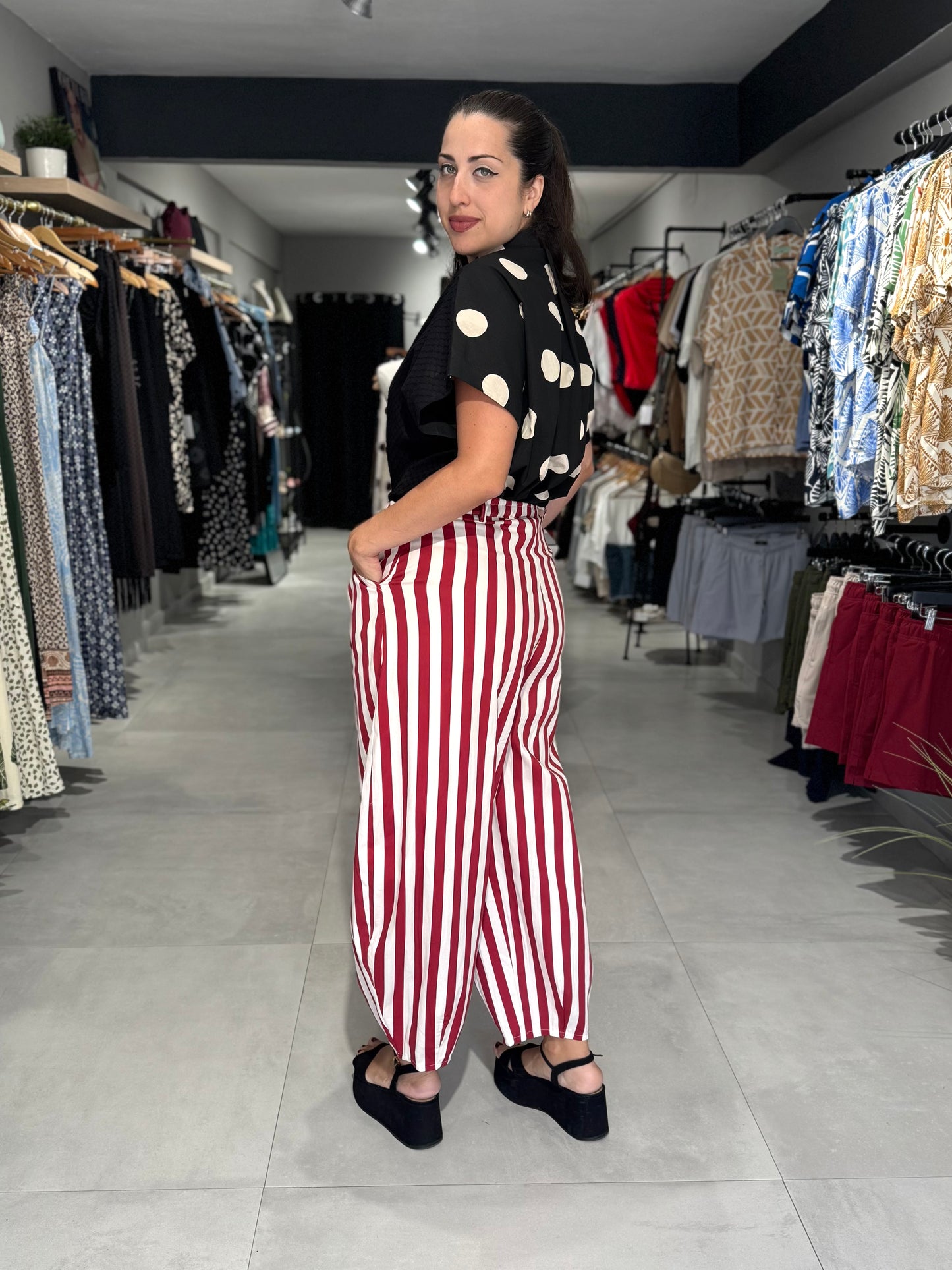 Colorful Stripes Barrel Pant | RED