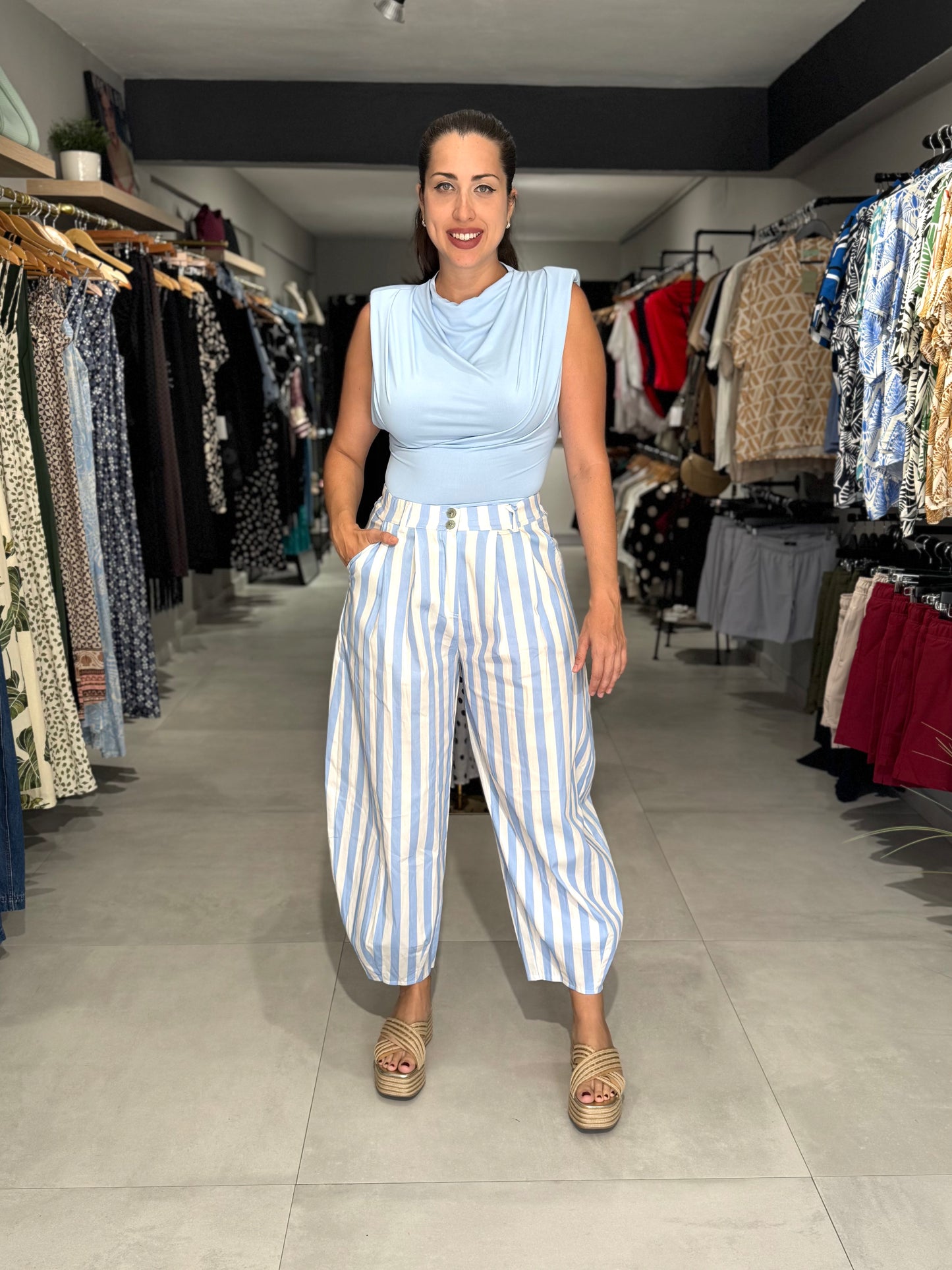 Colorful Stripes Barrel Pant | SKY BLUE