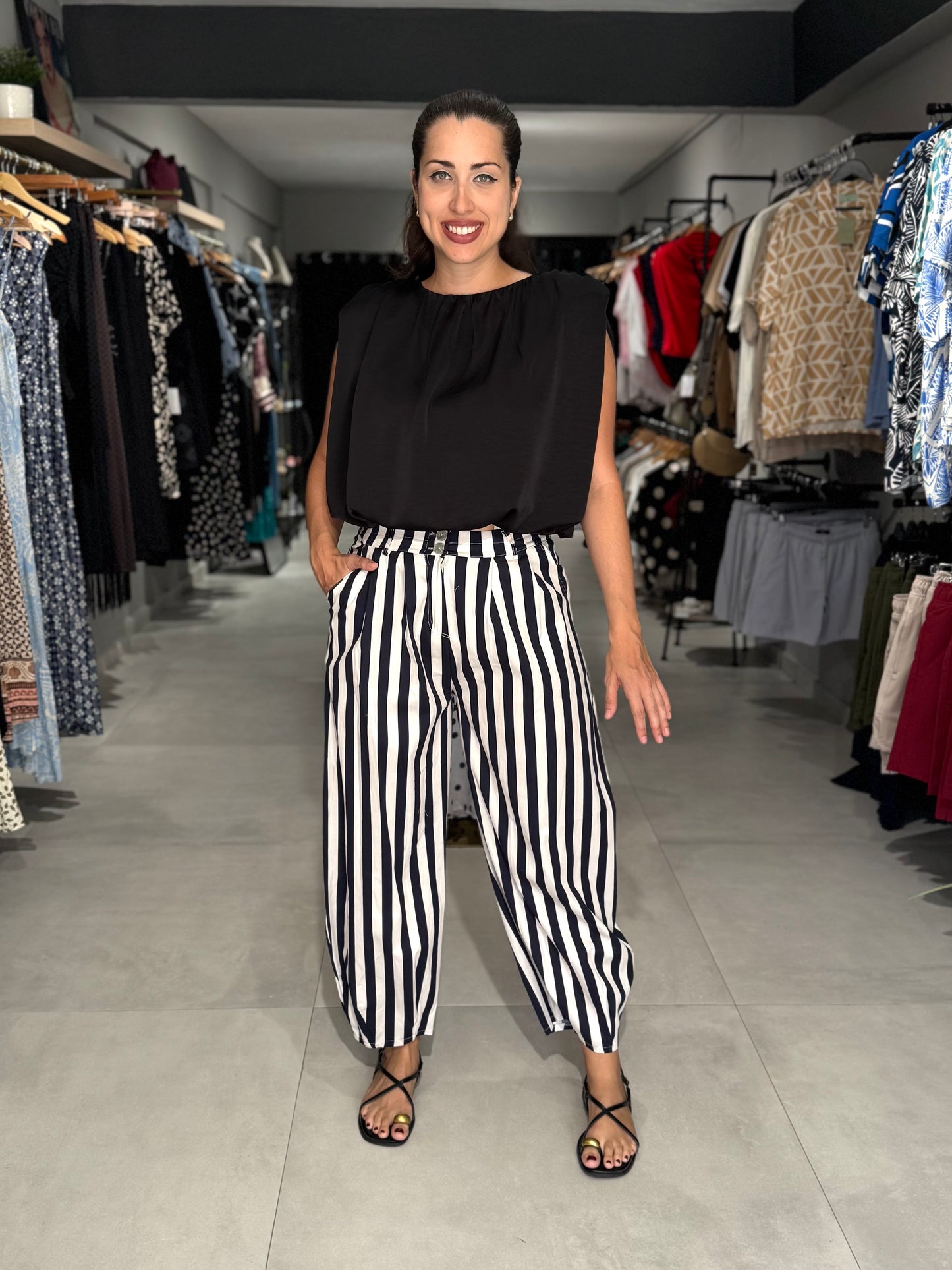 Colorful Stripes Barrel Pant | NAVY BLUE