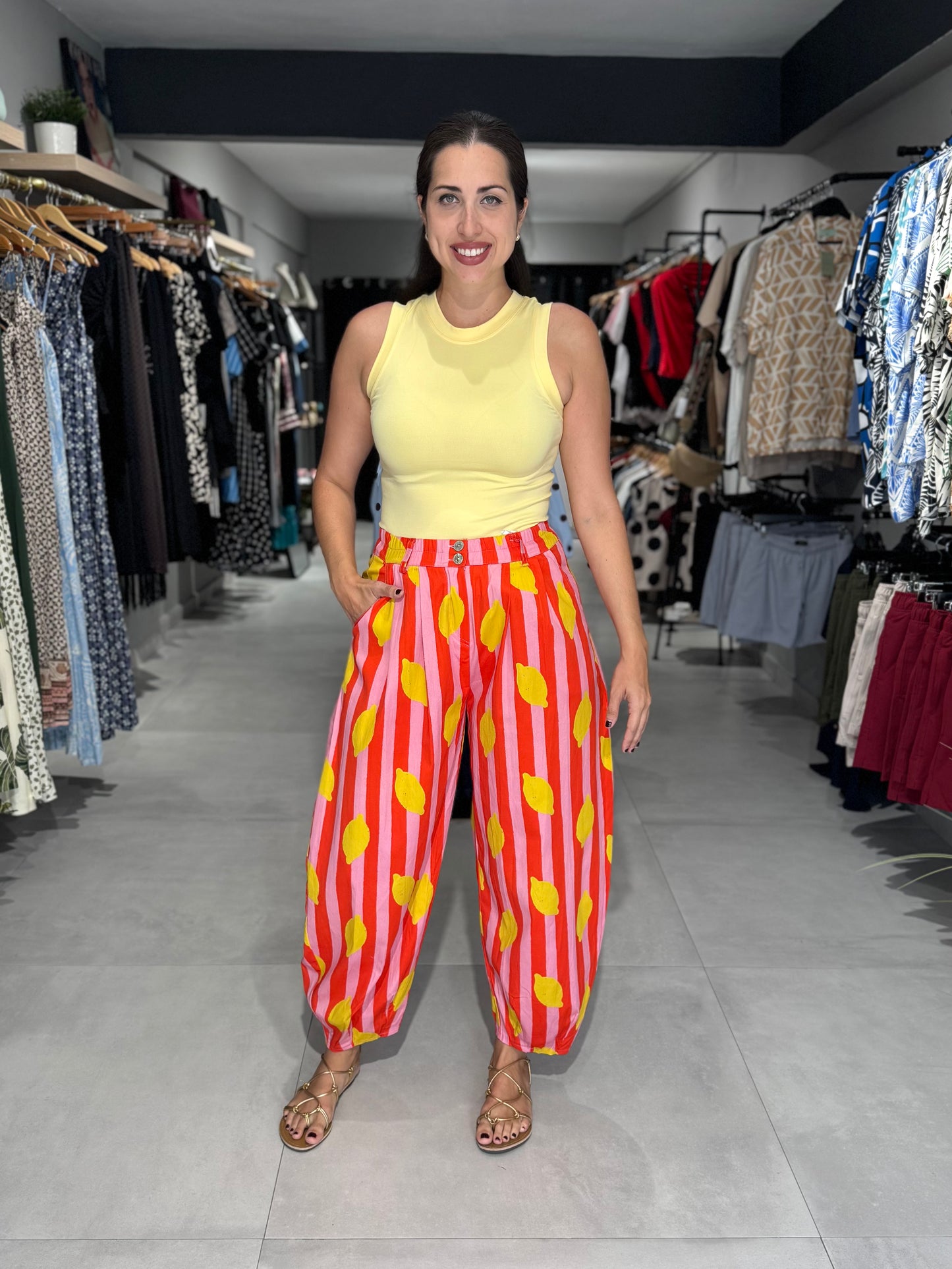 Lemon Stripes Barrel Pant | PINK