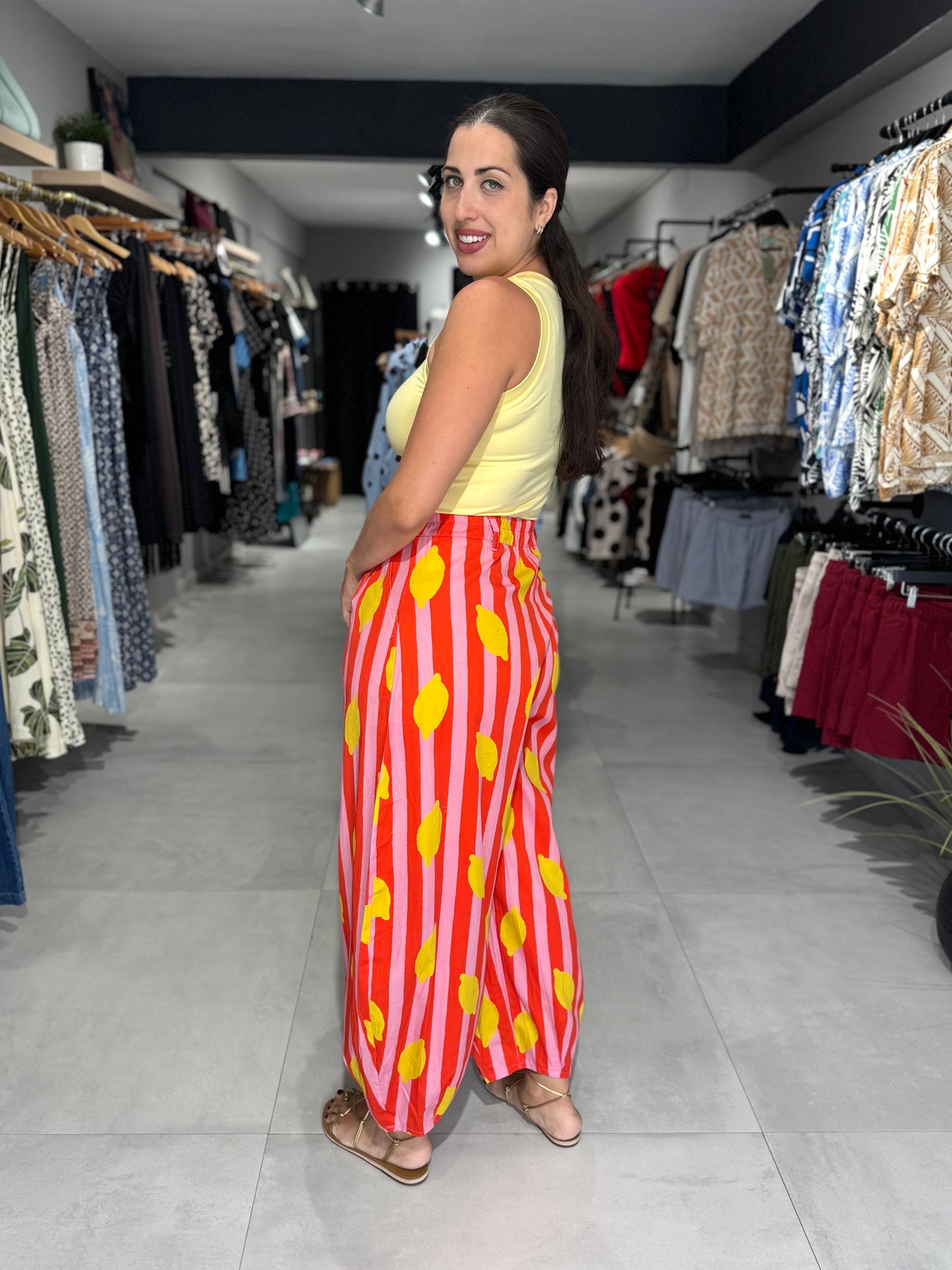 Lemon Stripes Barrel Pant | PINK