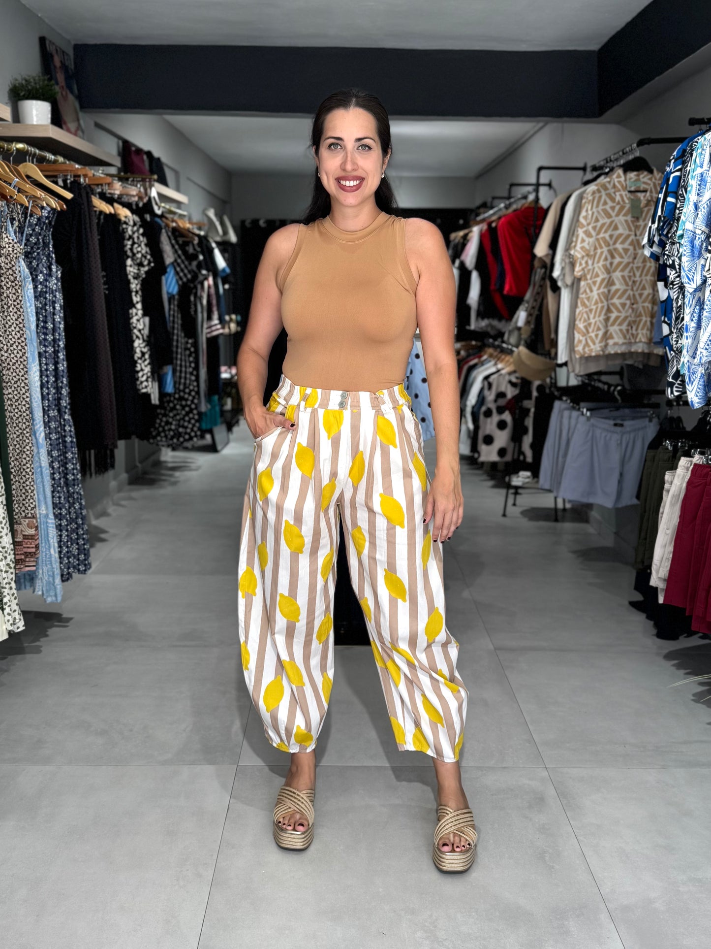 Lemon Stripes Barrel Pant | BEIGE