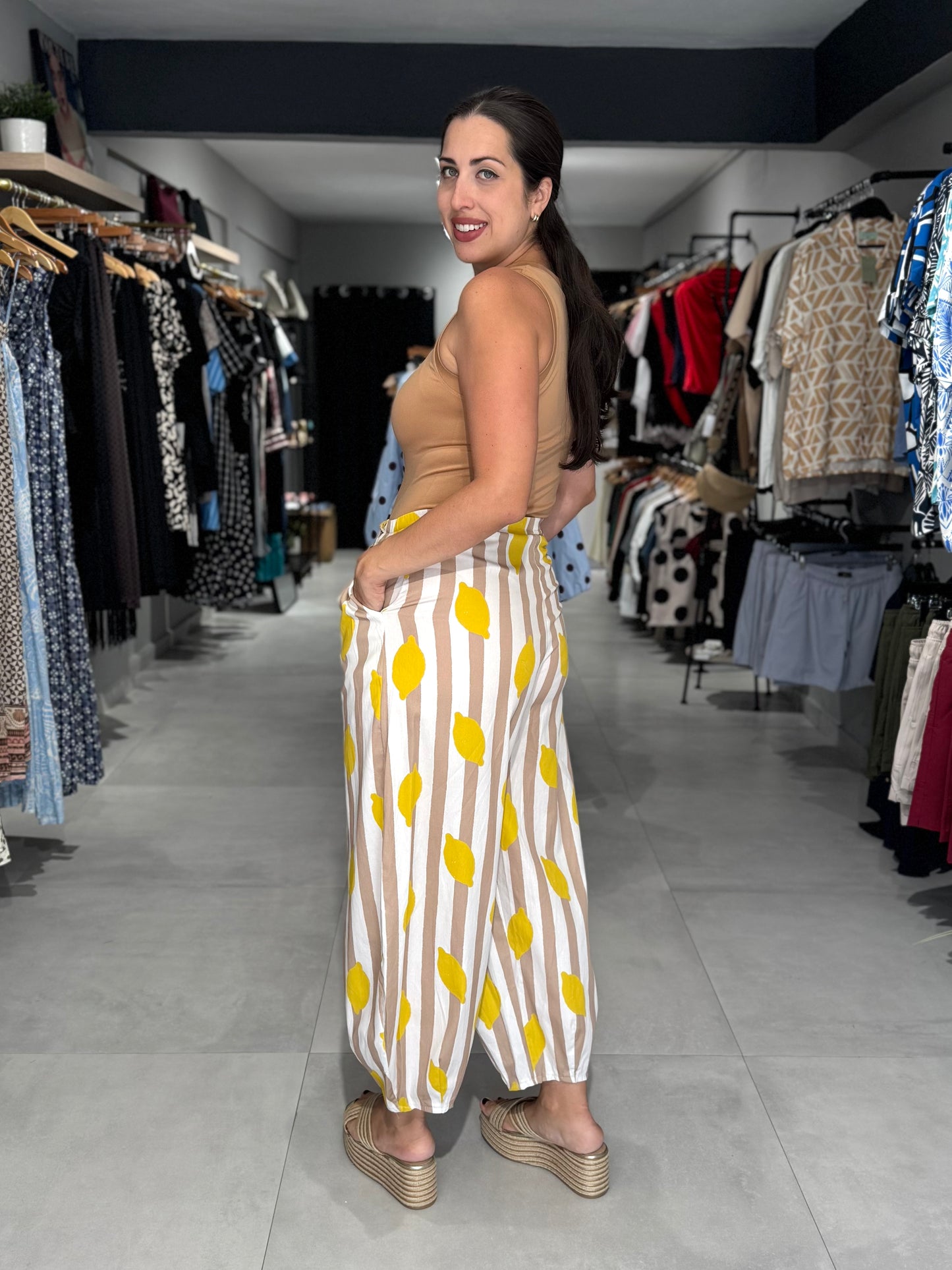 Lemon Stripes Barrel Pant | BEIGE