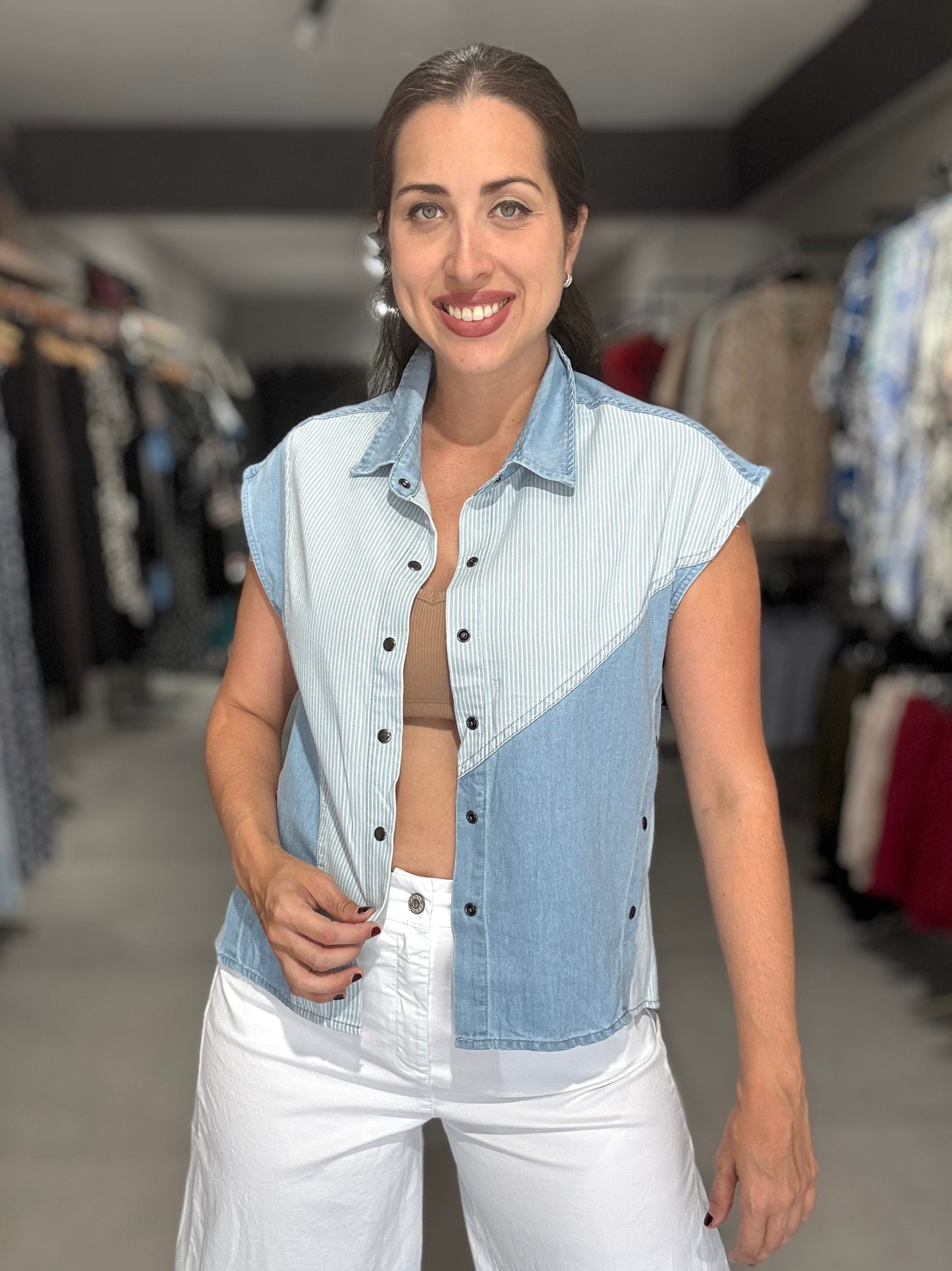 Stripes Denim Vest Top | LIGHT DENIM