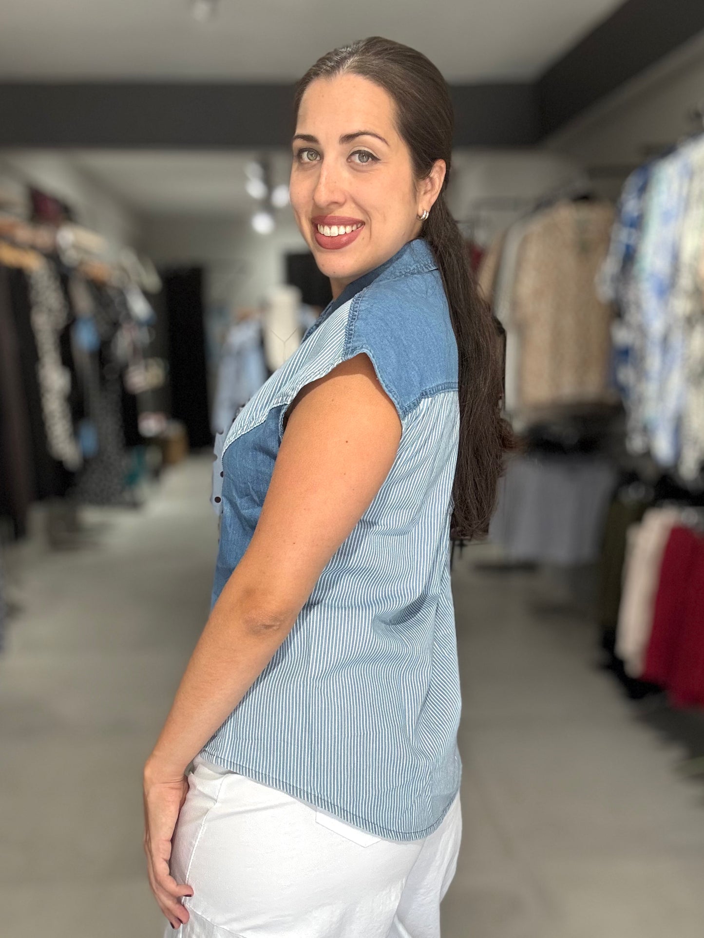 Stripes Denim Vest Top | DARK DENIM