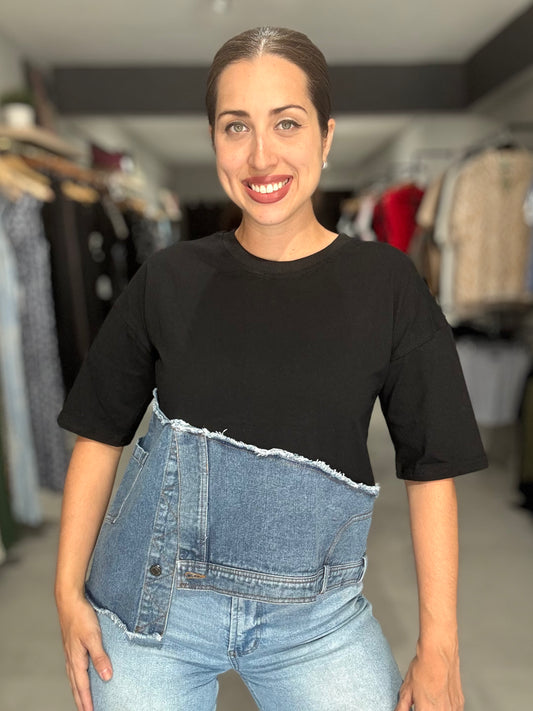 Denim Accent Tee Blouse | BLACK