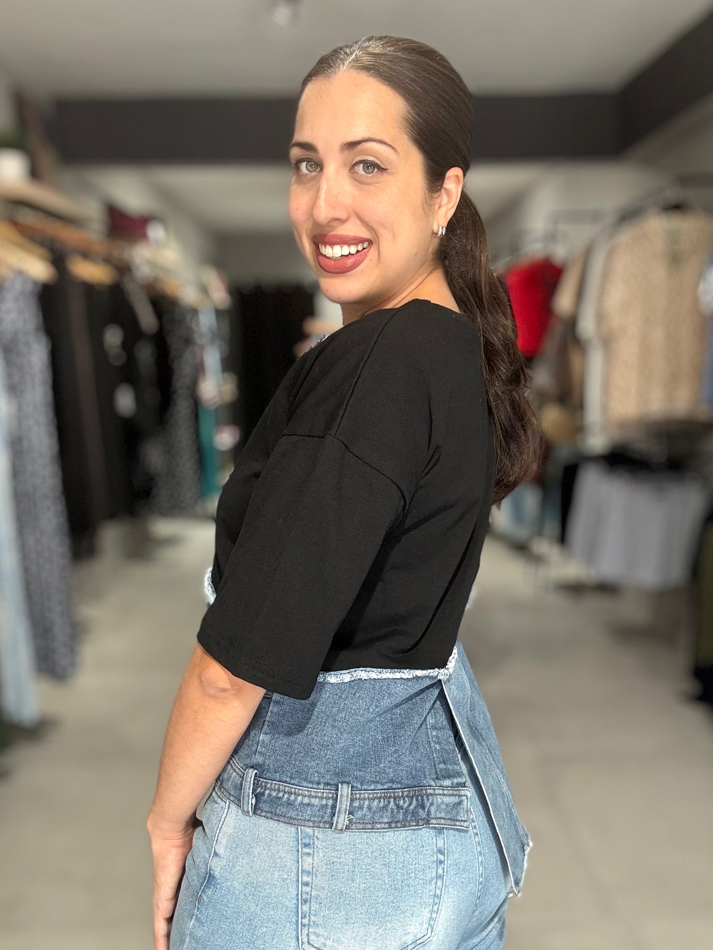 Denim Accent Tee Blouse | BLACK