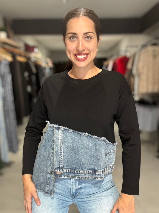 Denim Accent Long Sleeve Tee