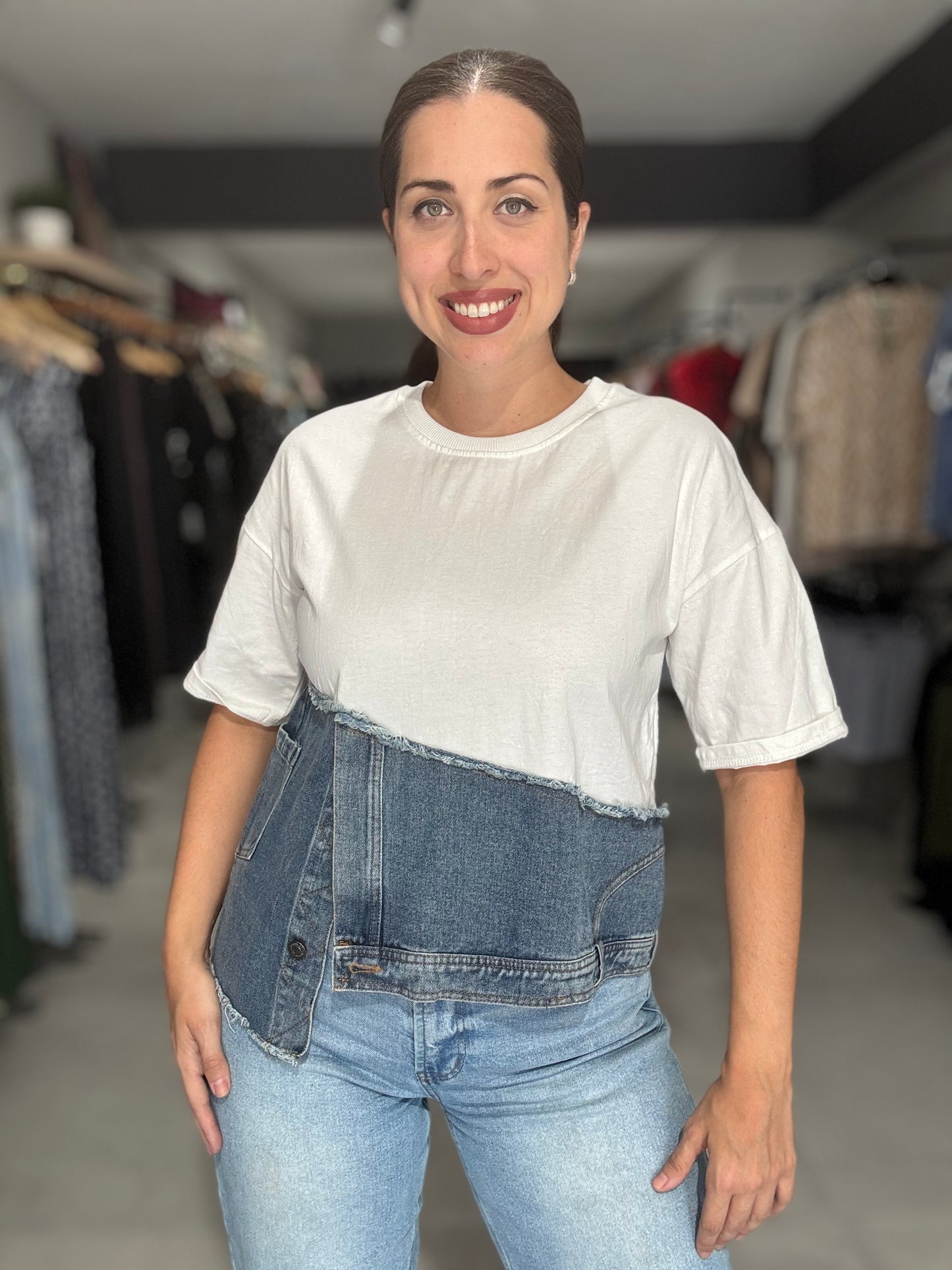 Denim Accent Tee Blouse | WHITE