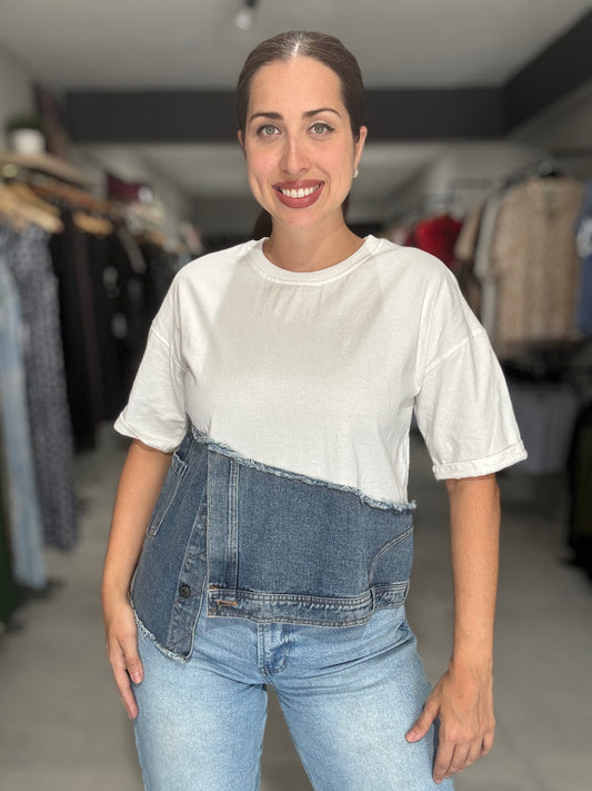 Denim Accent Tee Blouse | WHITE