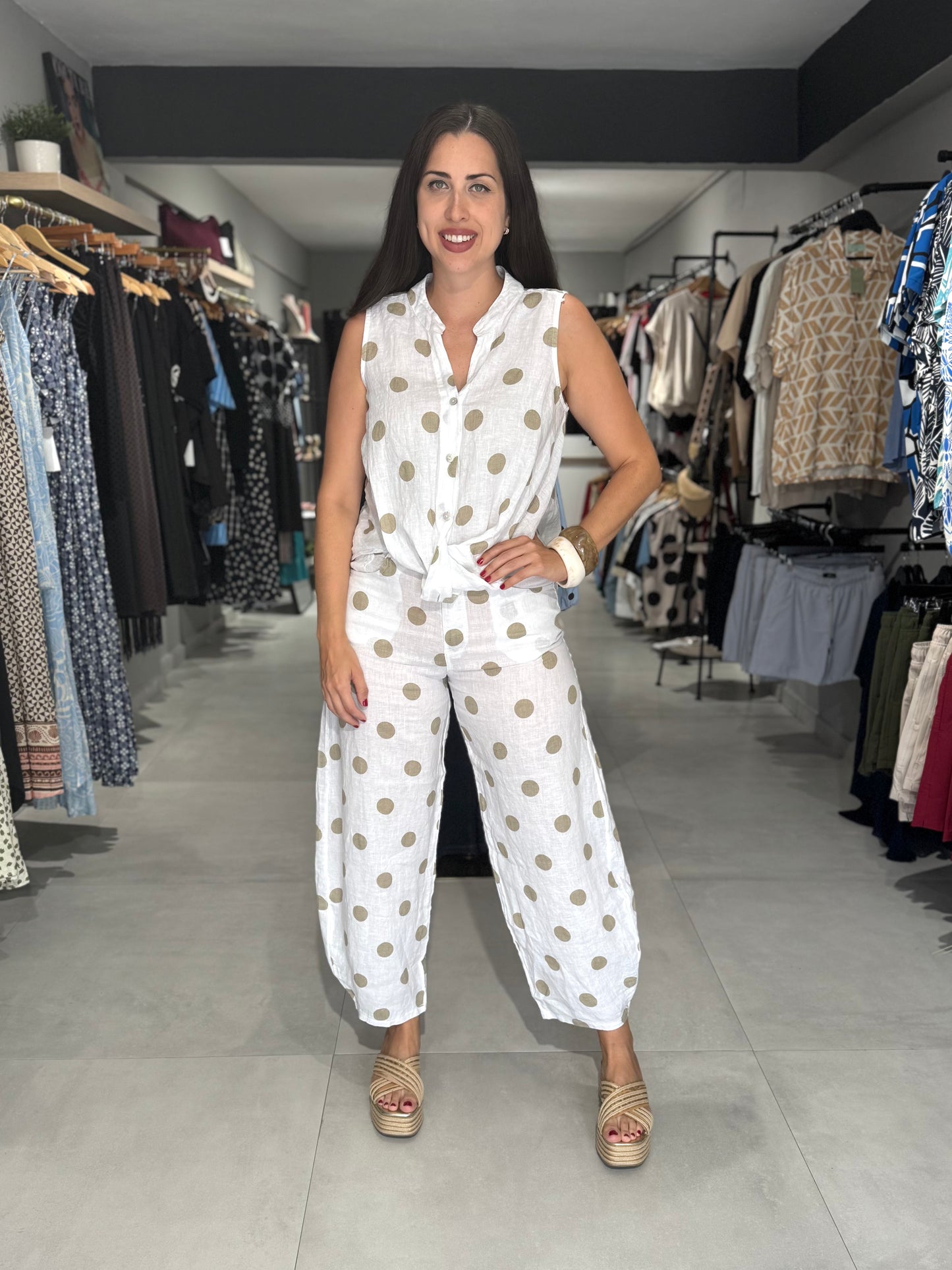 Polka Dot Linen Balloon Pant | WHITE