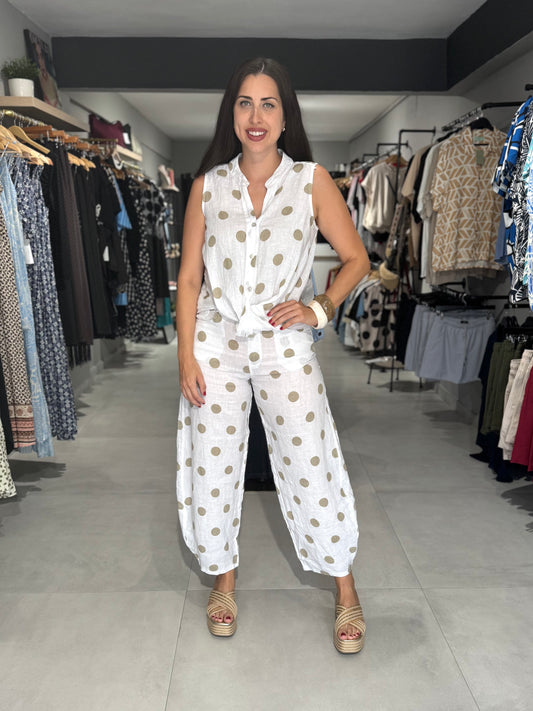 Polka Dot Linen Balloon Pant | WHITE