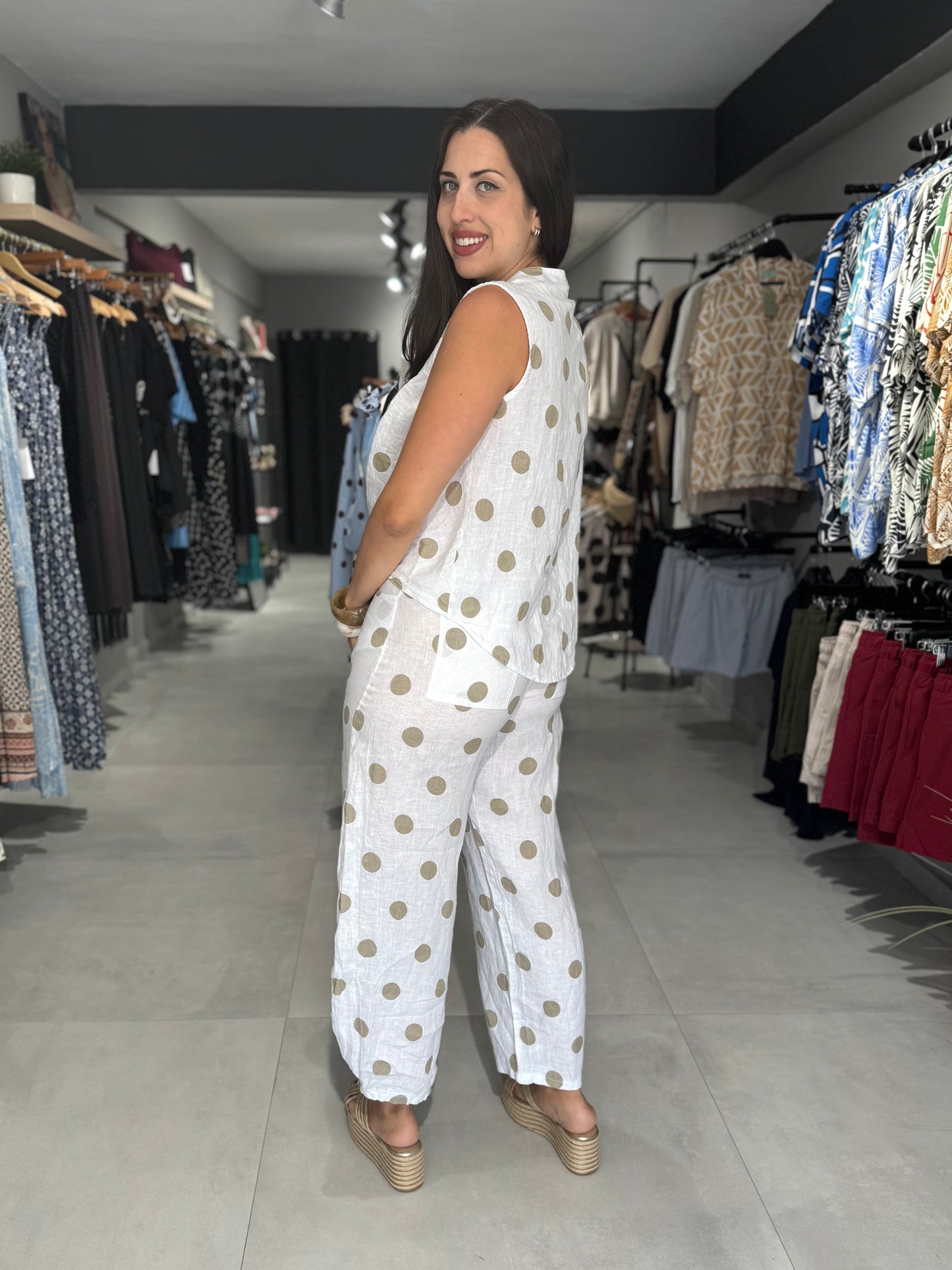 Polka Dot Linen Balloon Pant | WHITE