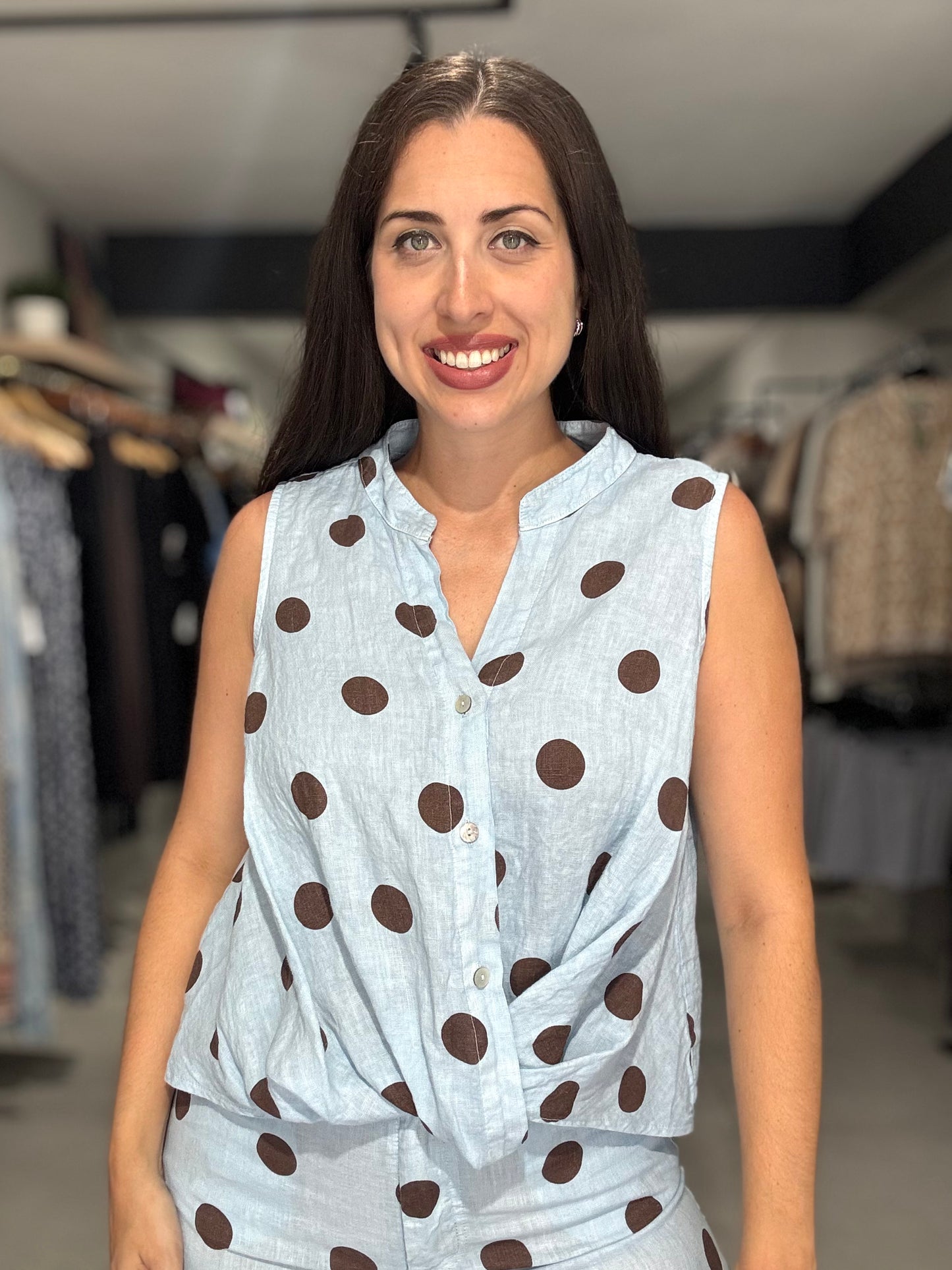 Polka Dot Linen Blouse | SKY BLUE