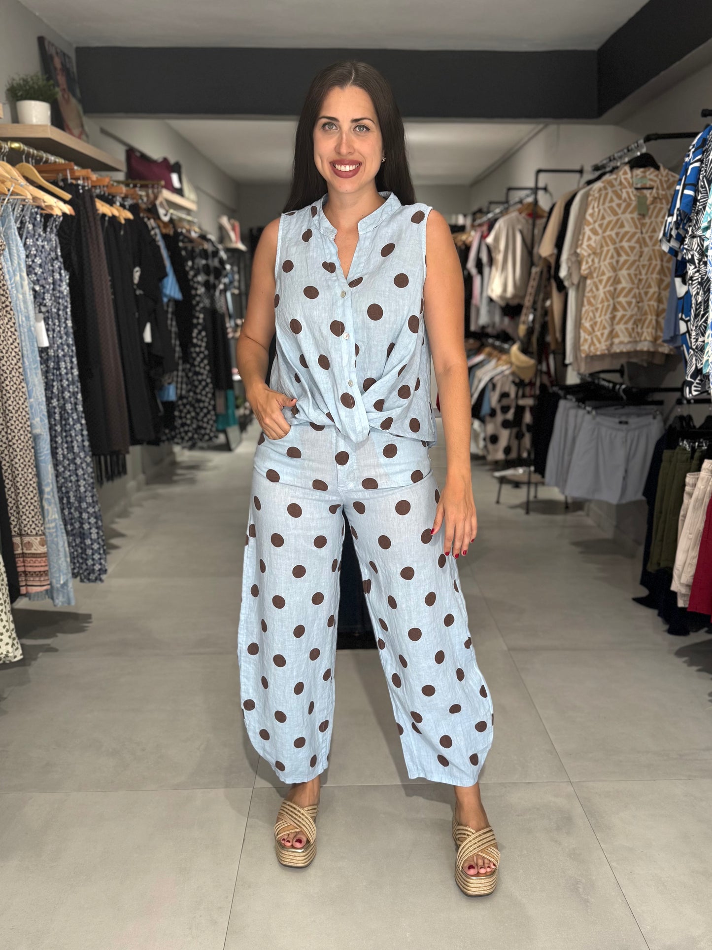 Polka Dot Linen Balloon Pant | SKY BLUE