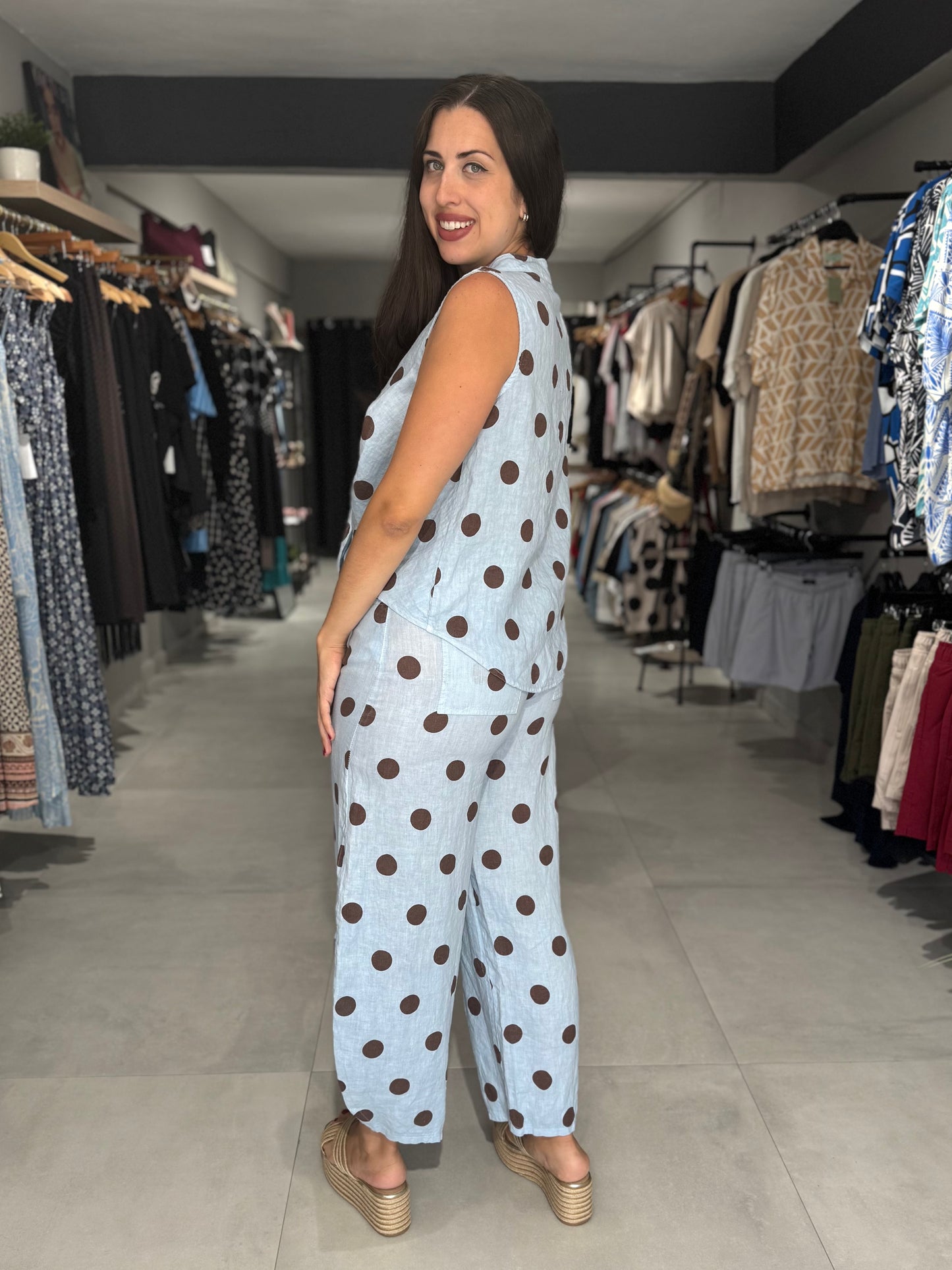 Polka Dot Linen Balloon Pant | SKY BLUE
