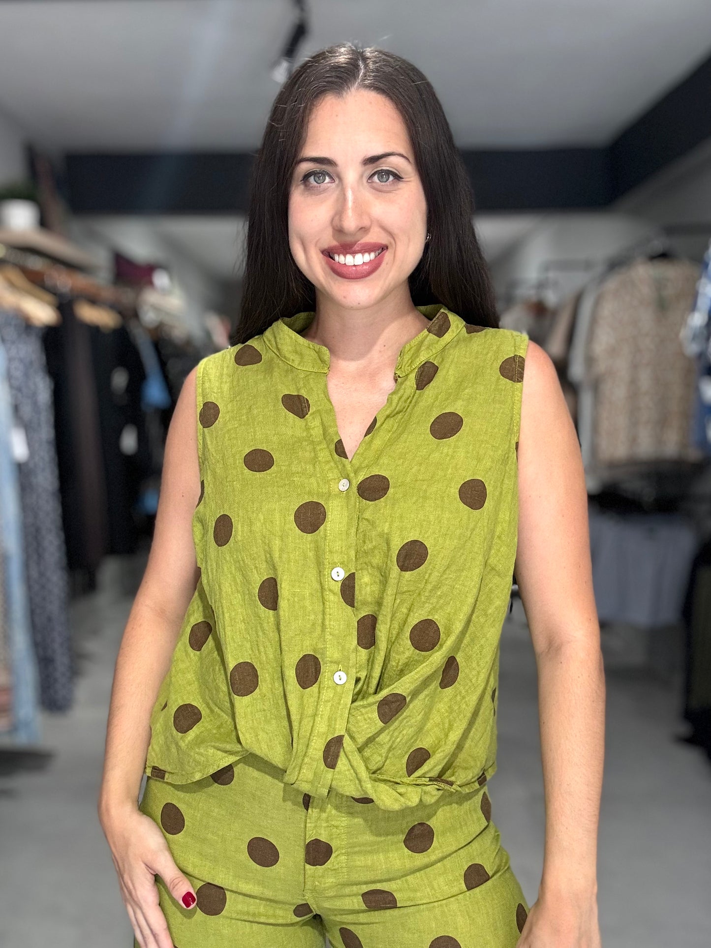 Polka Dot Linen Blouse | GREEN