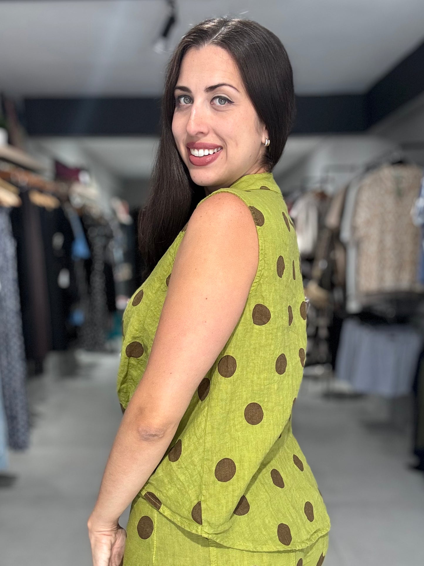 Polka Dot Linen Blouse | GREEN