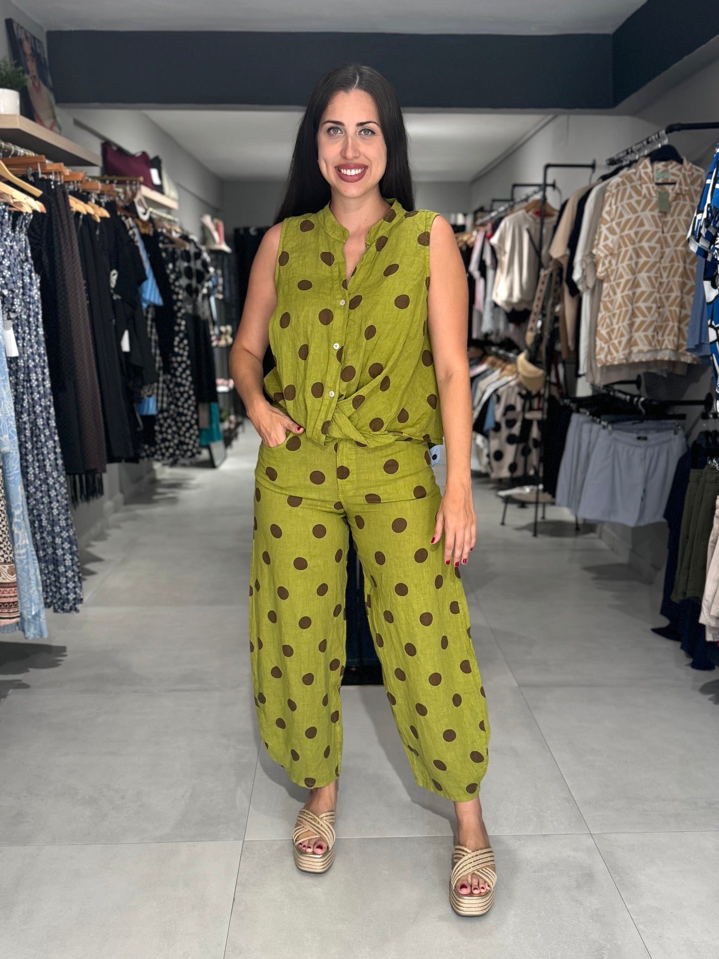 Polka Dot Linen Balloon Pant | GREEN