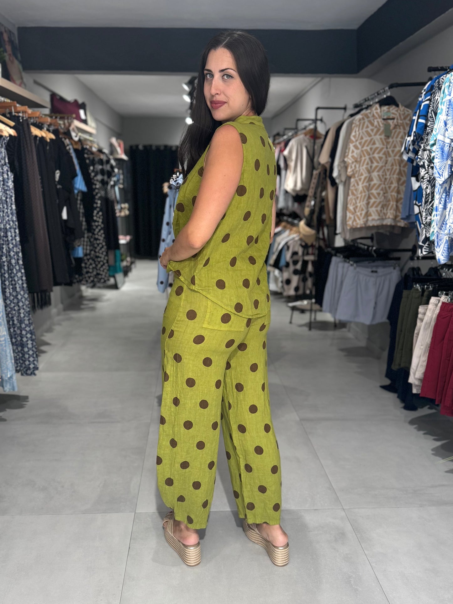 Polka Dot Linen Balloon Pant | GREEN