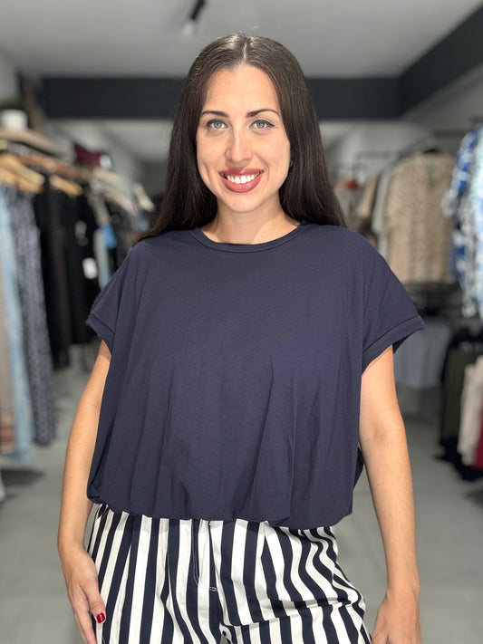Bubble Trim Tee Blouse | NAVY