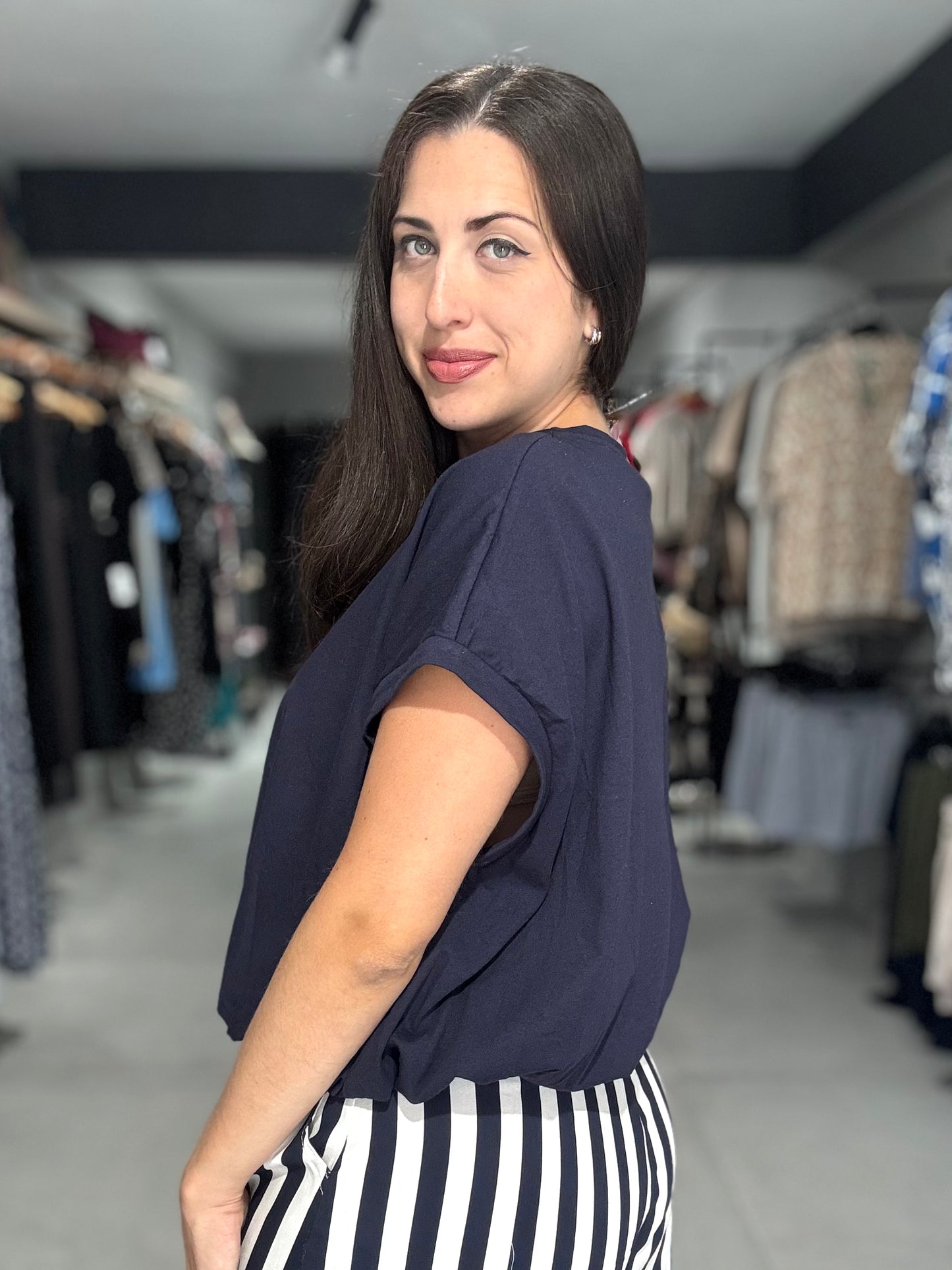 Bubble Trim Tee Blouse | NAVY